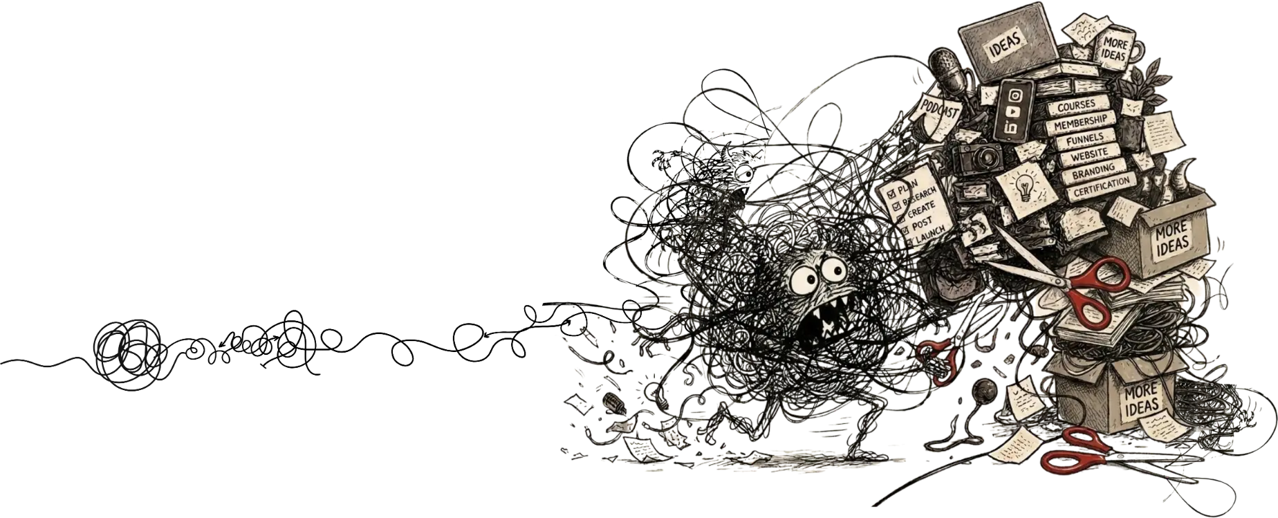 A scribbled chaos monster driving a pile-up of half-finished work.