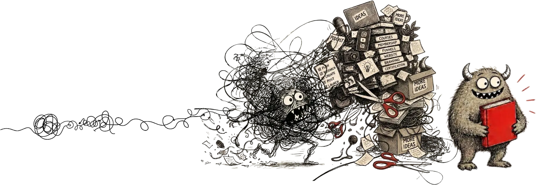 A monster buried under a tower of ideas, boxes, courses and funnels.