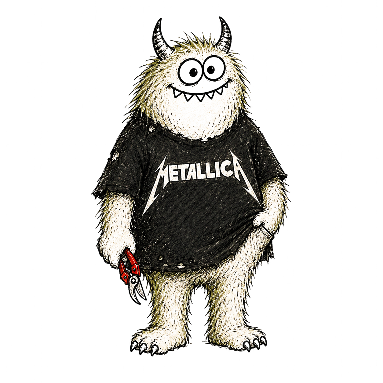 Steve, a calm monster in a Metallica t-shirt holding red secateurs.