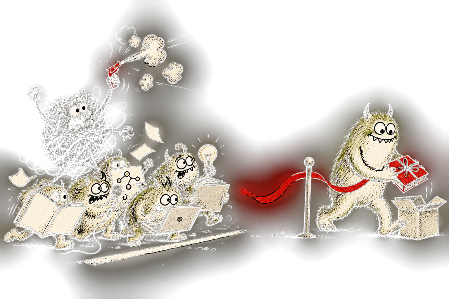 A scribbled chaos monster driving a pile-up of half-finished work.