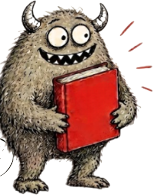 A happy monster holding the red Stop Starting, Start Stopping book.
