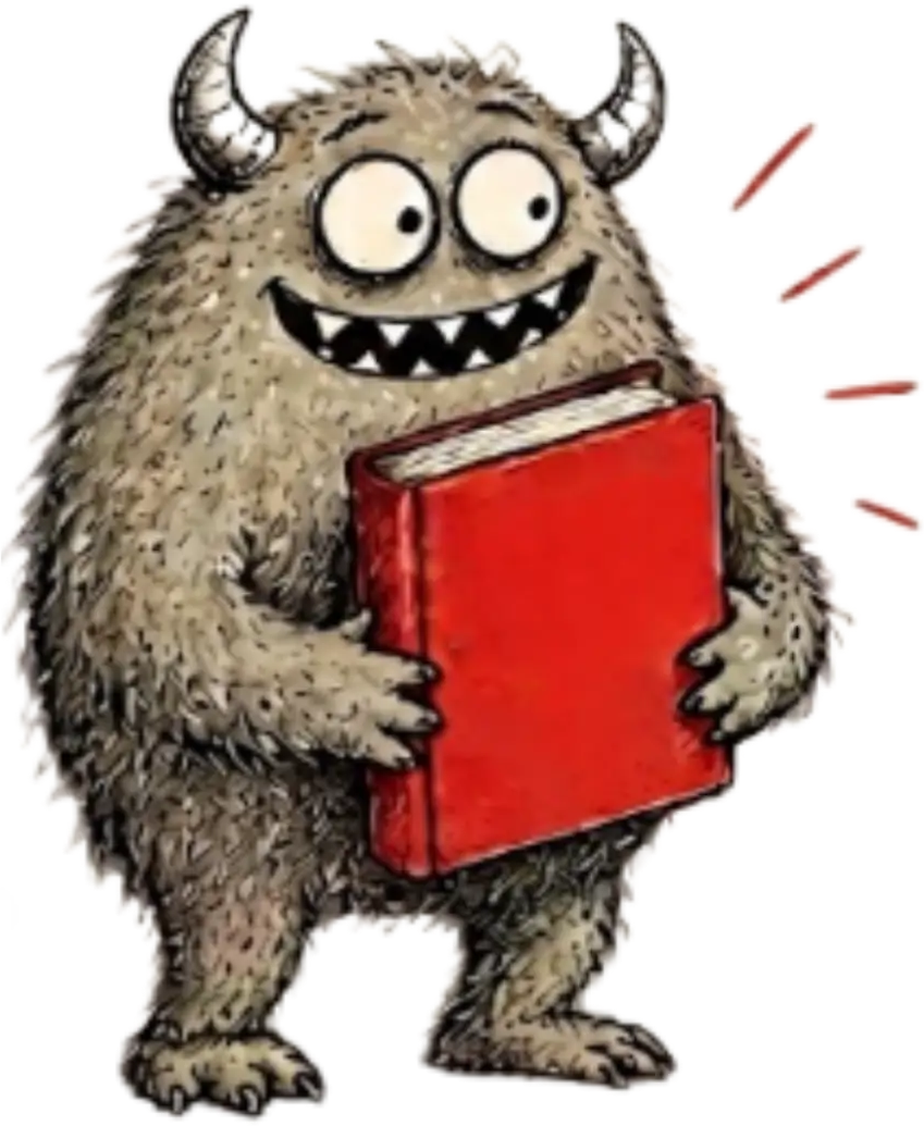 A happy monster holding the red Stop Starting, Start Stopping book.