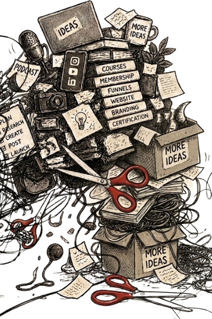 A monster buried under a tower of ideas, boxes, courses and funnels.